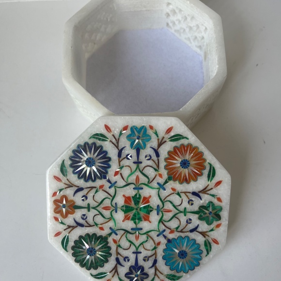 Octagon Marble Inlay Pietra Dura Art Jewelry Handcraft Handmade Box White Floral - Picture 10 of 15